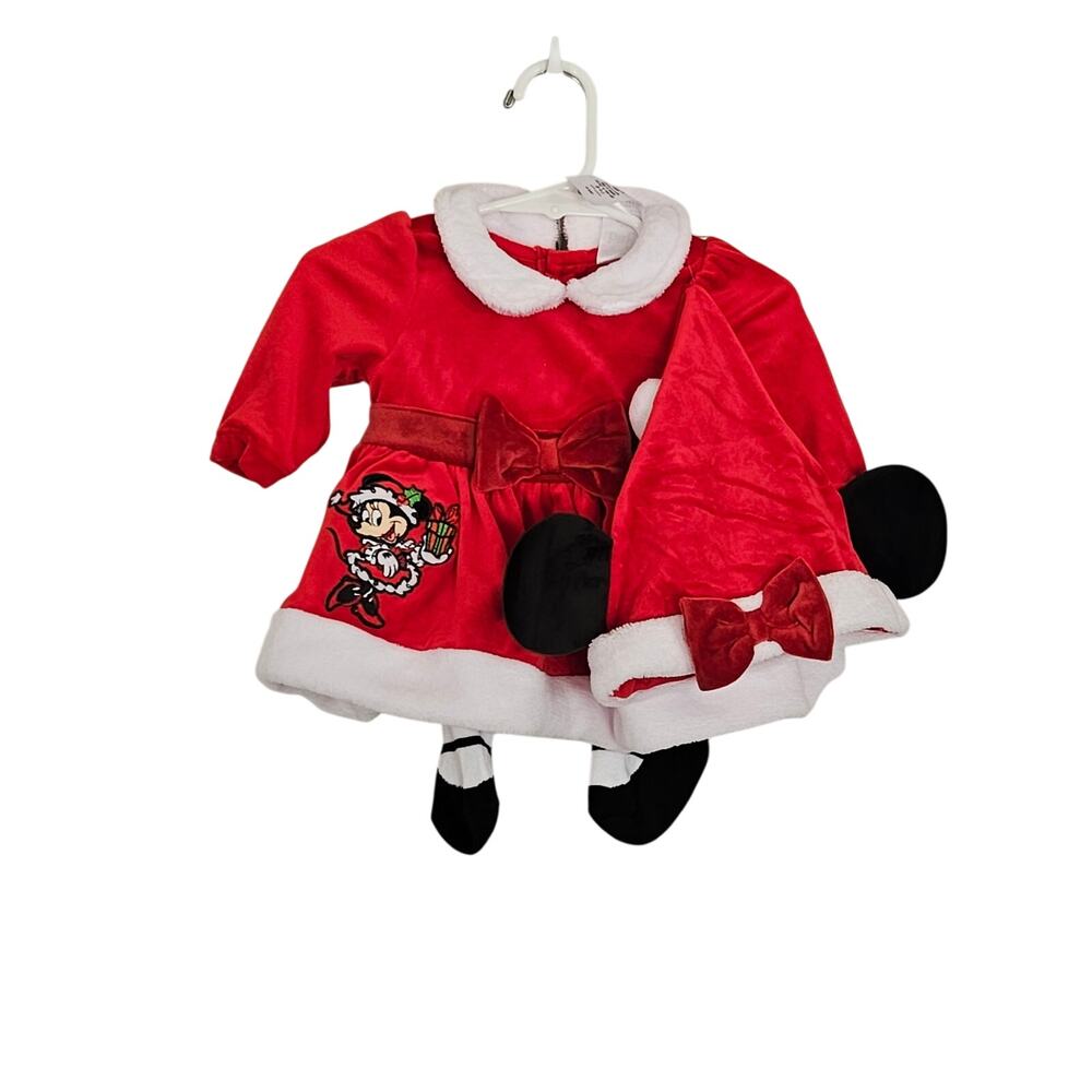 Disney Baby 3 pc Set Mrs. Santa Minnie Mouse Dress Hat Tights 0-3 MO NWT